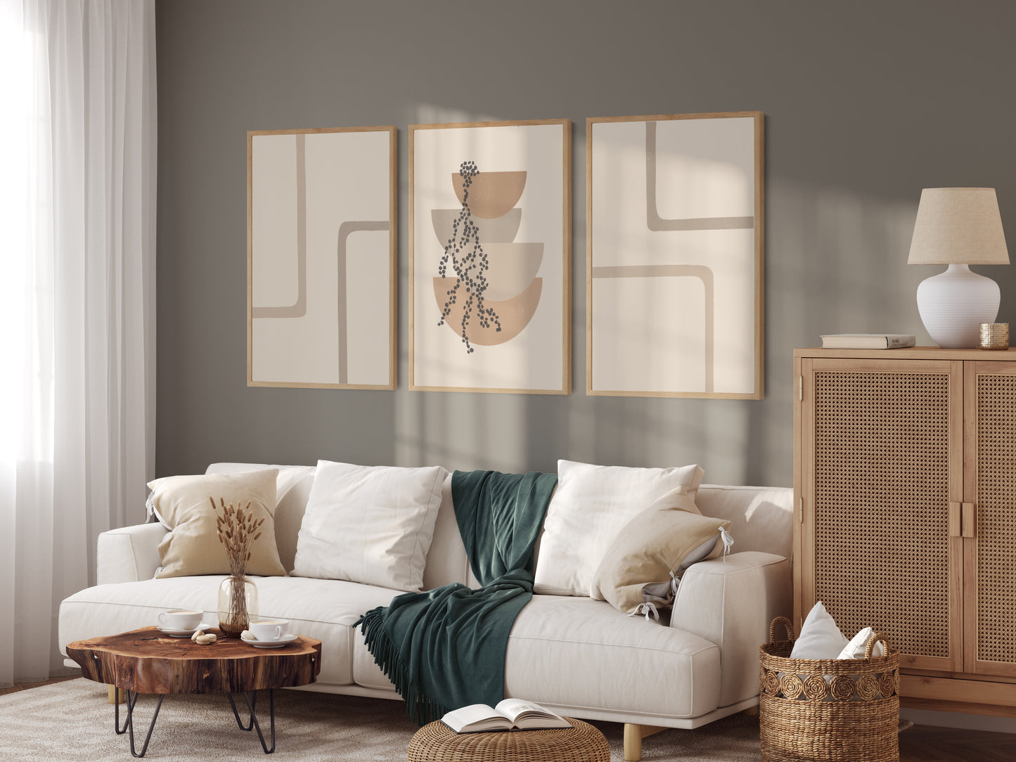 Boho plakát s geometrickými tvary a táhlou rostlinou