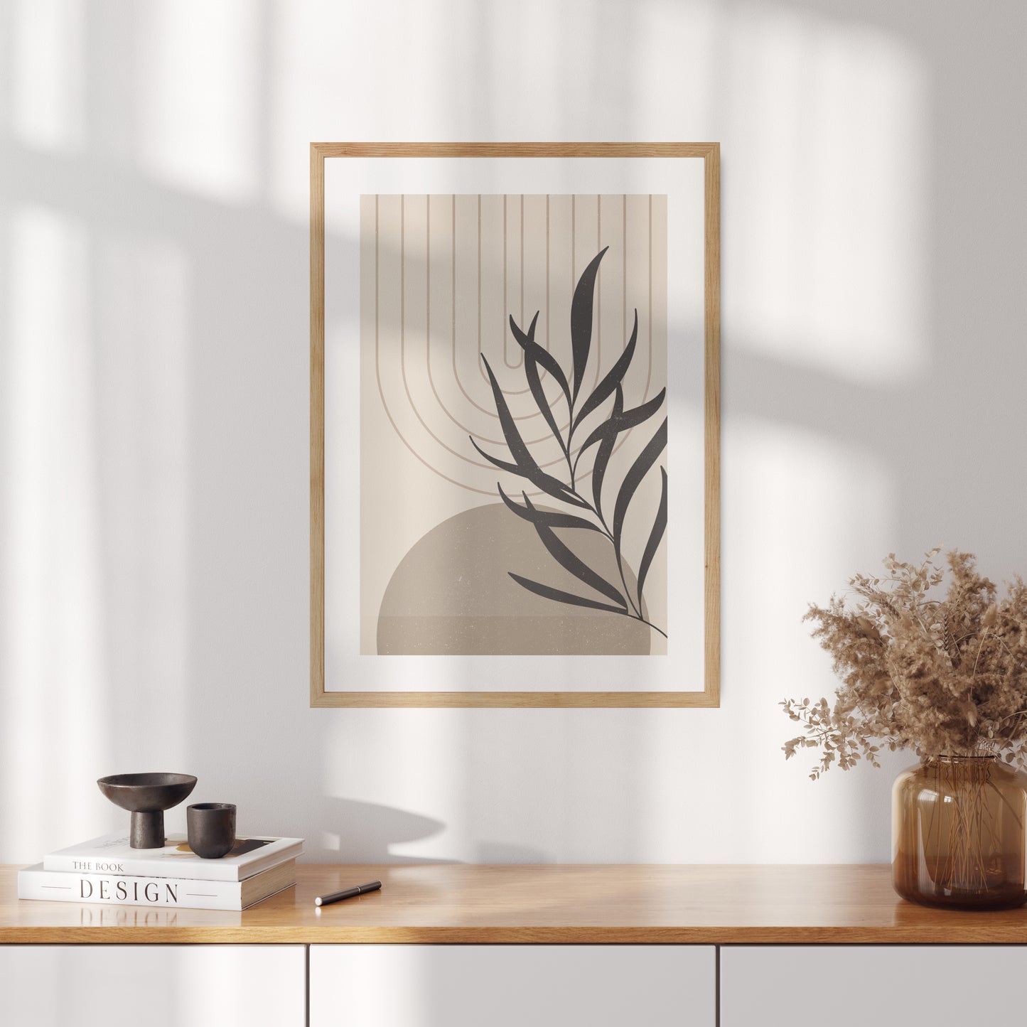 Boho poster of geometric shapes with leaf silhouette