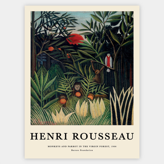 Monkeys and Parrot in the Virgin Forest Poster | Henri Rousseau