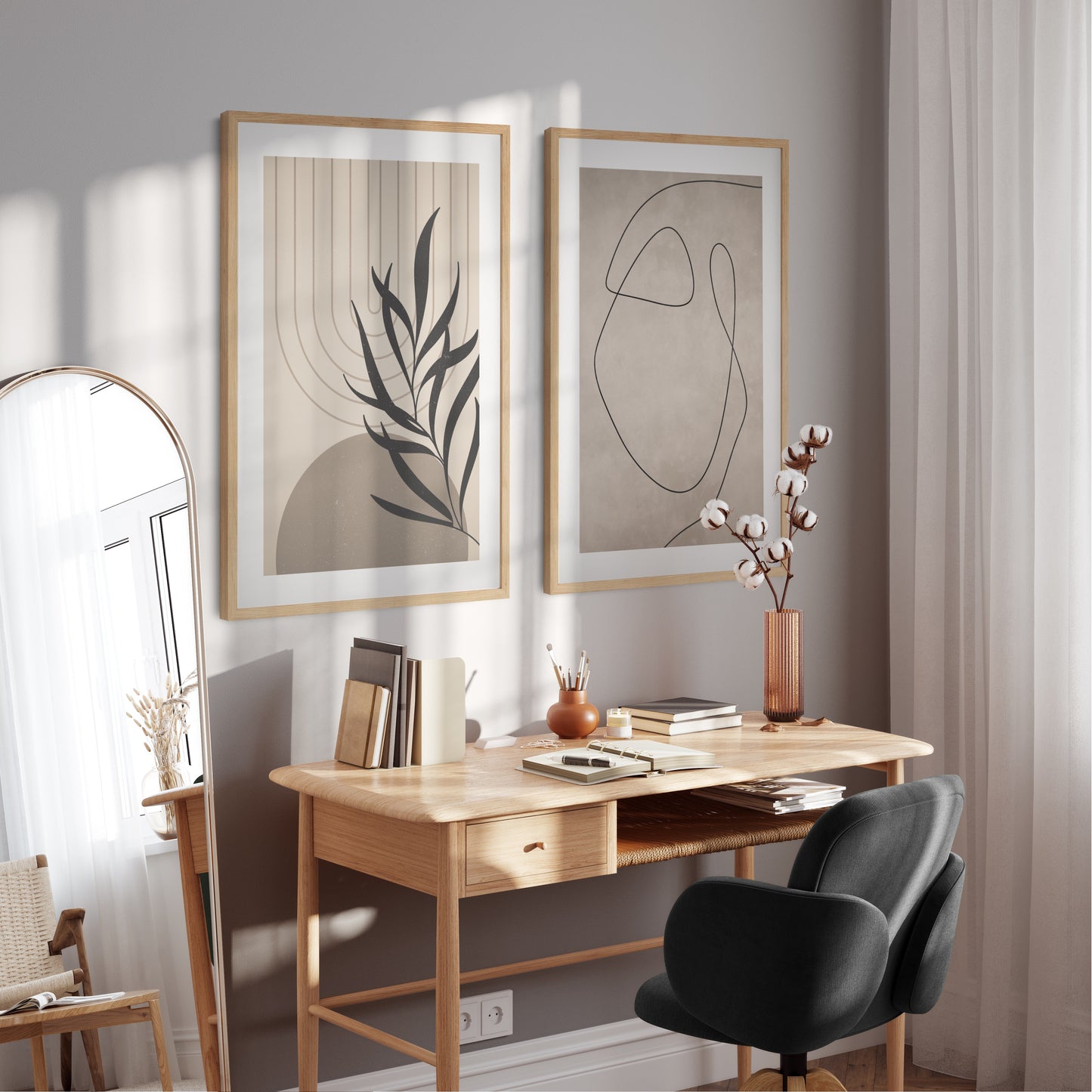 Boho poster of geometric shapes with leaf silhouette